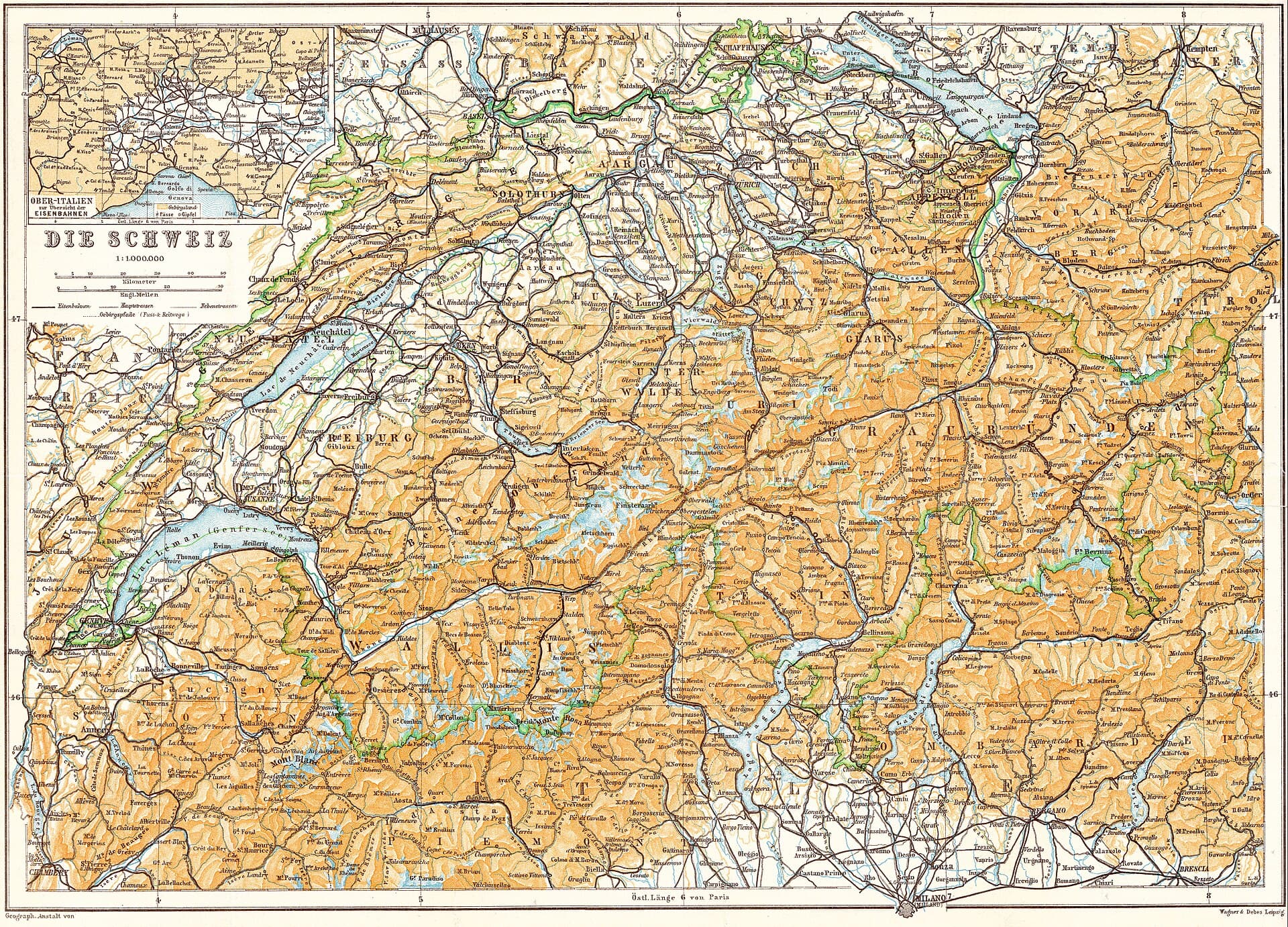 A detailed vintage travel map of Switzerland from a 1913 Baedeker guidebook