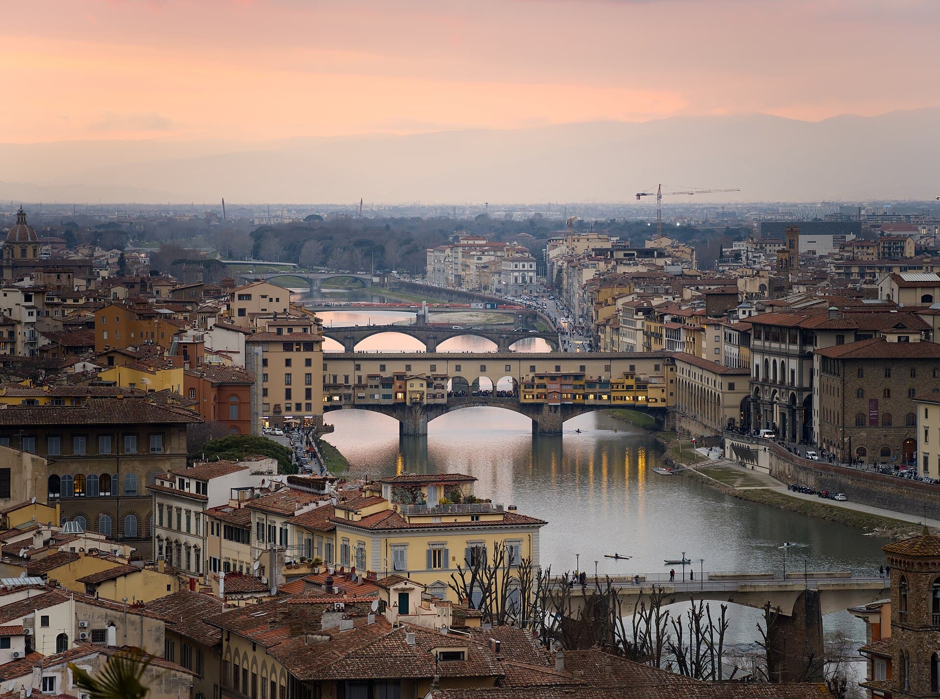 Ponte Vecchio and the Arno river in Florence at sunset, seen from Piazzale Michelangelo